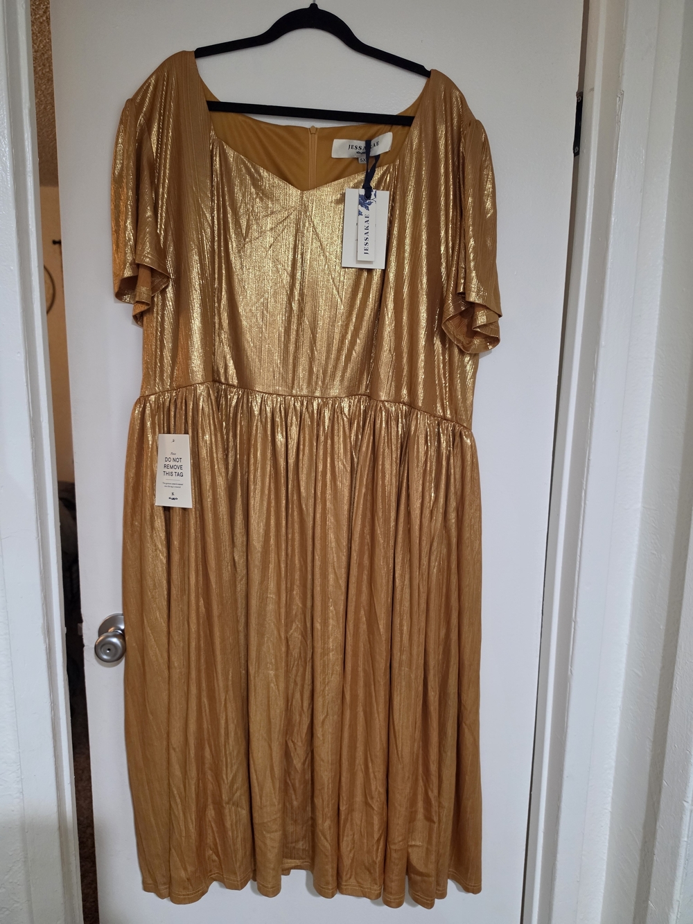 JessaKae Metallic Gold Midi Dress with Flutter Sleeves Size 5X NWT